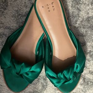 Green satin slide sandals